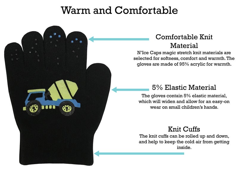 N'Ice Caps Kids Magic Stretch Gloves Mitten 3 Pairs Toddler Boys Girls Winter (3-5 Years, Trucks - Navy/Charcoal/Black) - Image 3